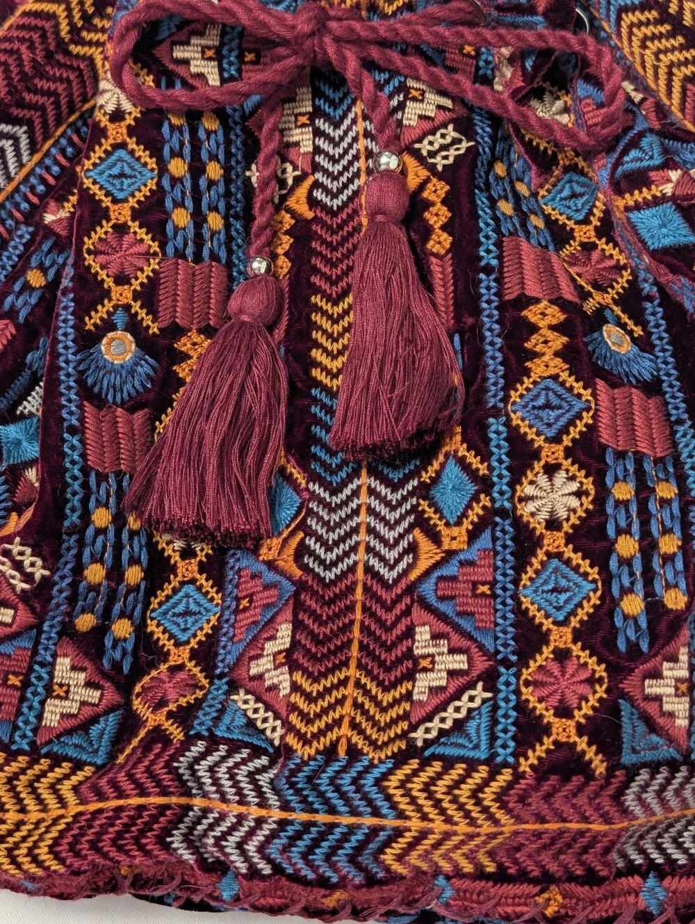 Johnny Was Burgundy Multi Boho Geometric Embroidered Drawstring Backpack Bag